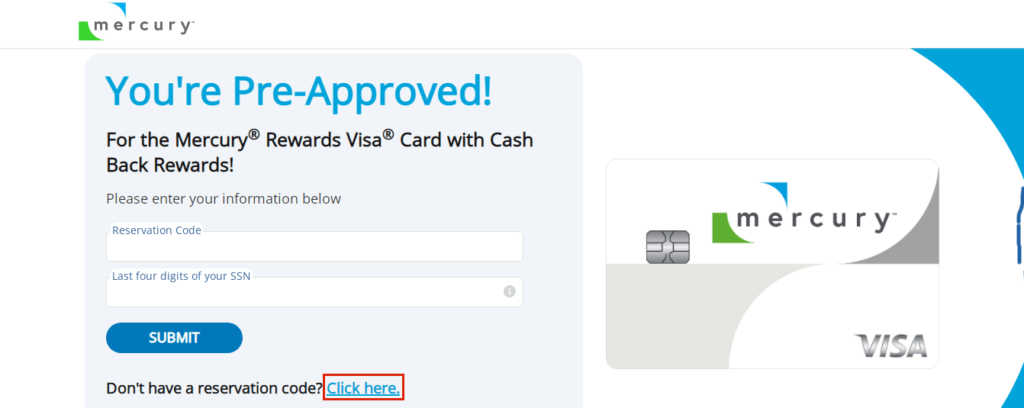 Mercury Rewards Visa Card PreApproved application page