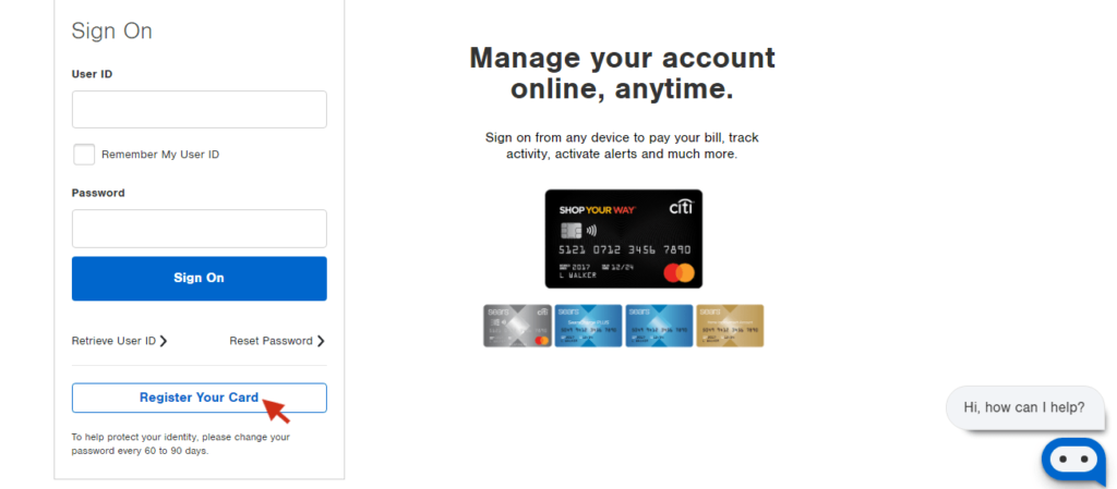 Citibank Sears Credit Card Log In page