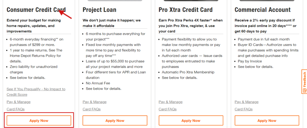 Home depot credit cards homepage