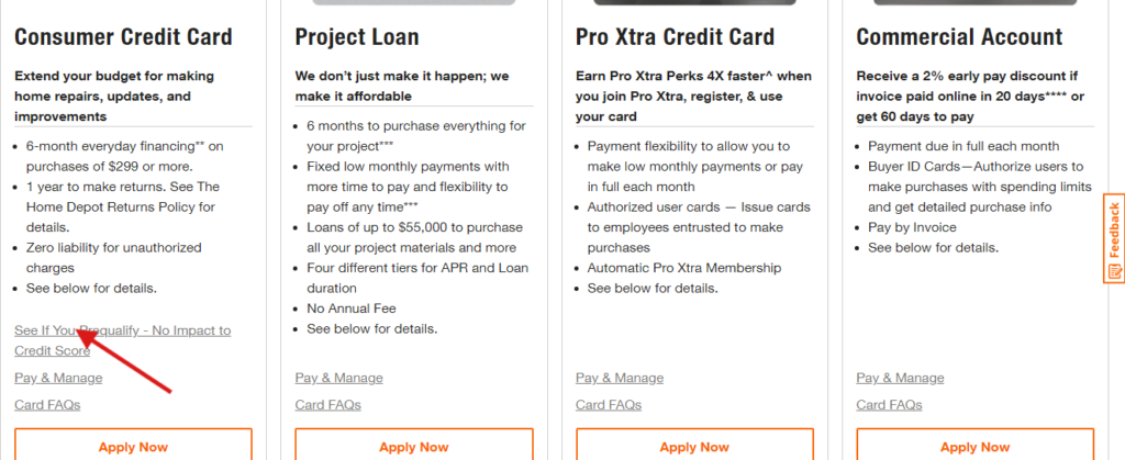 Home depot credit card homepage for pre qualify link