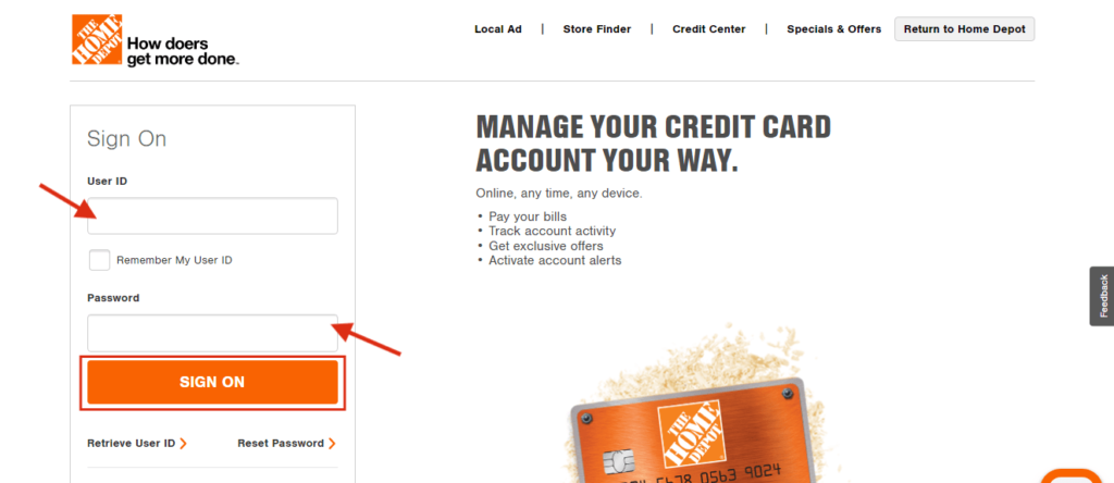 Home depot credit card login page