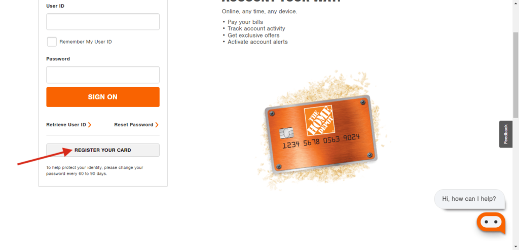 Home depot credit card log in homepage to register the card