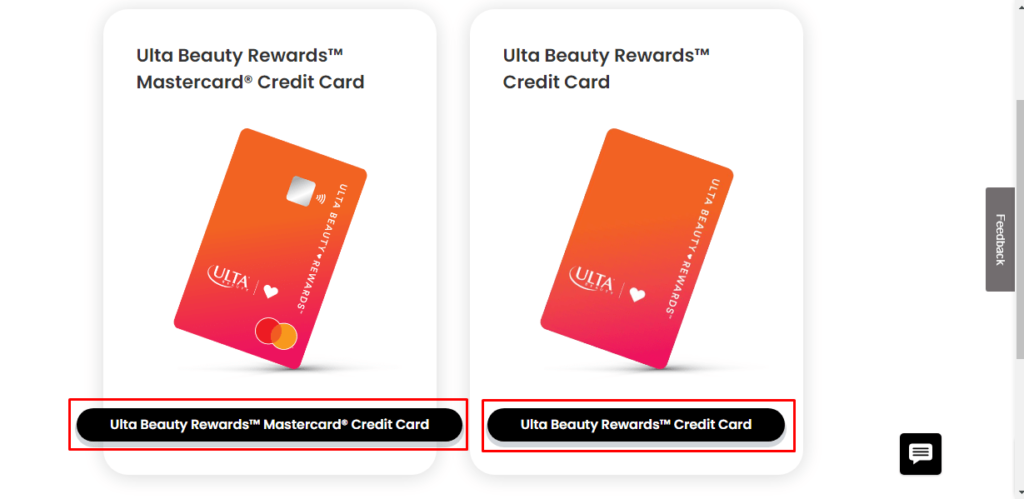 Ulta Beauty Rewards Card selection page