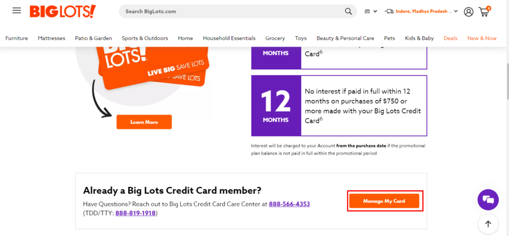 Big Lots credit card homepage